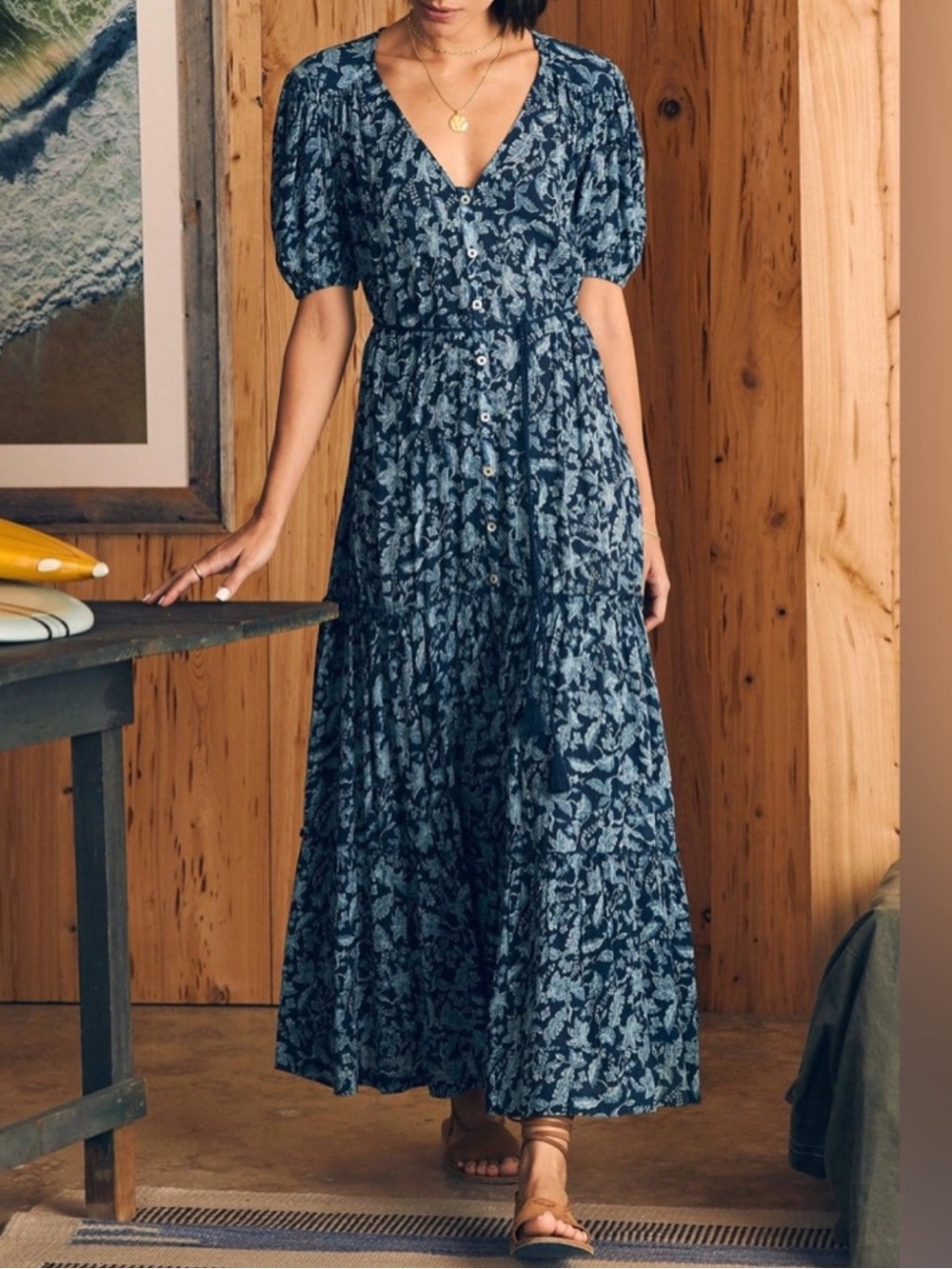 Faherty Orinda Blue Maxi Dress L Corded Belt